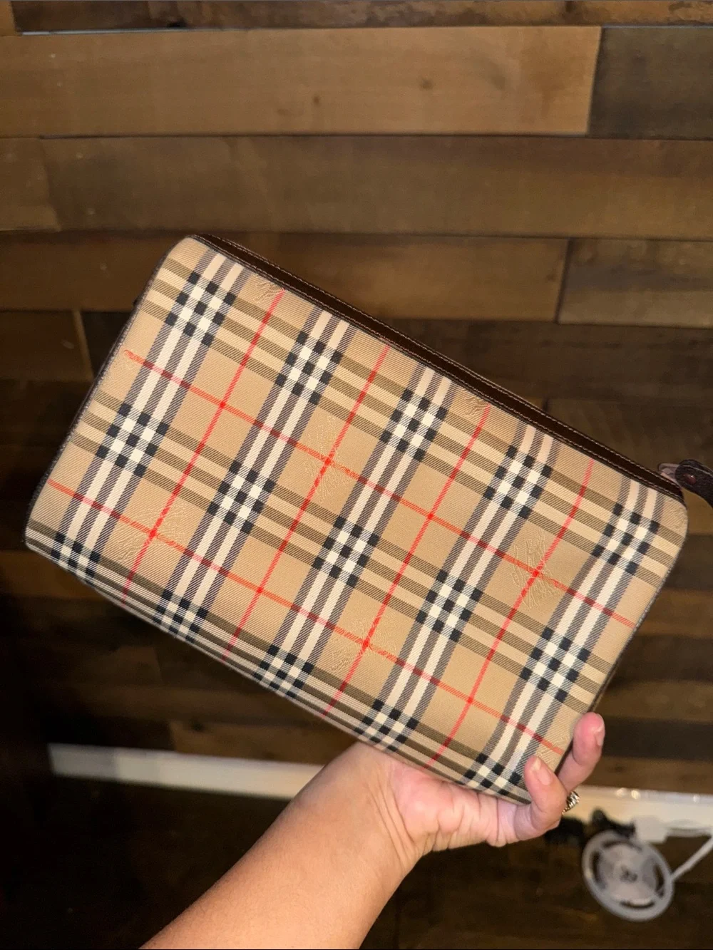 Burberry Tan Plaid Zip Cosmetic Pouch with Brown Trim